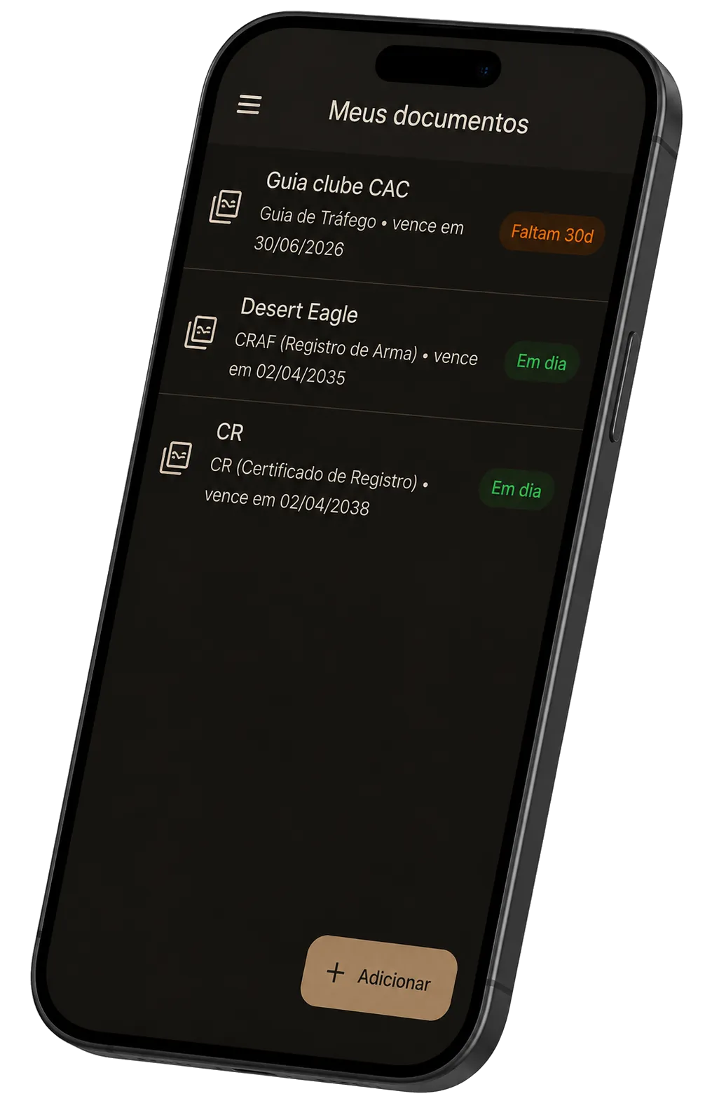 App Carteira Caqui aberto na tela de documentos do CAC, mostrando guia de clube, CRAF e CR com seus status de vencimento