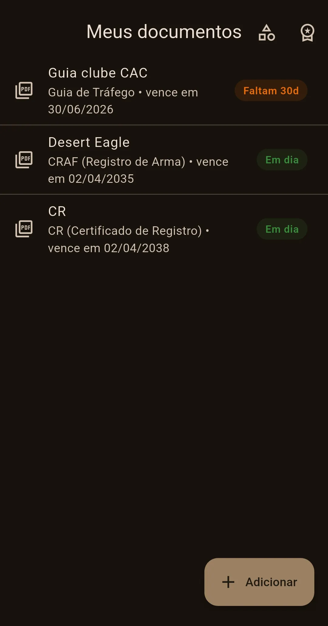 Lista de documentos da Carteira Caqui com indicadores de status: faltam 30 dias e em dia