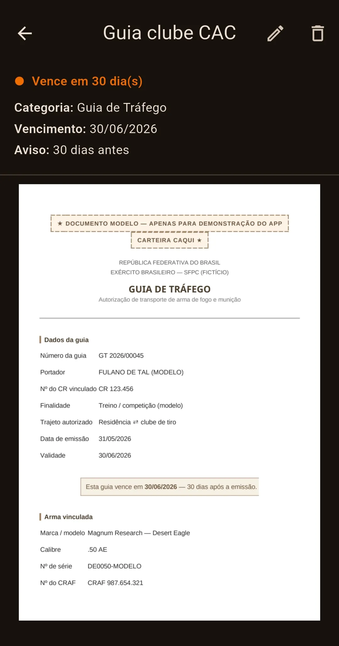 Visualização de um documento na Carteira Caqui mostrando vence em 30 dias e o PDF aberto dentro do app