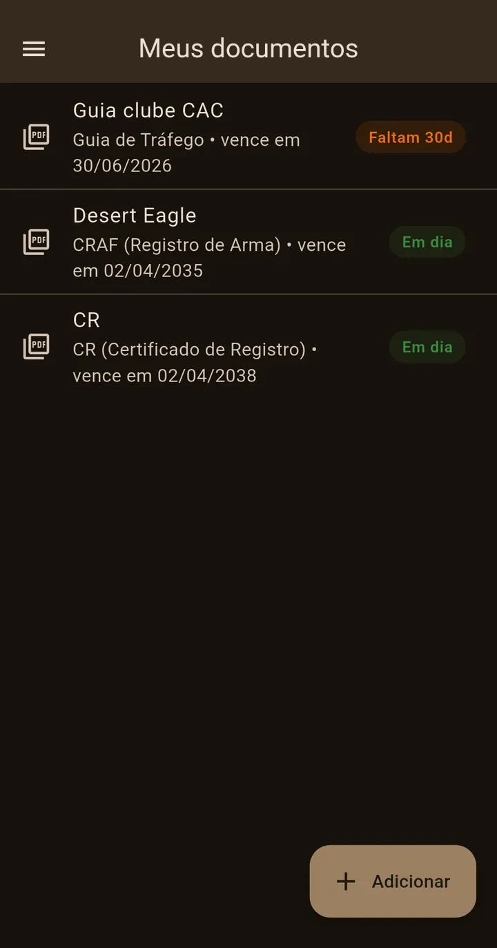 Lista de documentos da Carteira Caqui com indicadores de status: faltam 30 dias e
              em dia