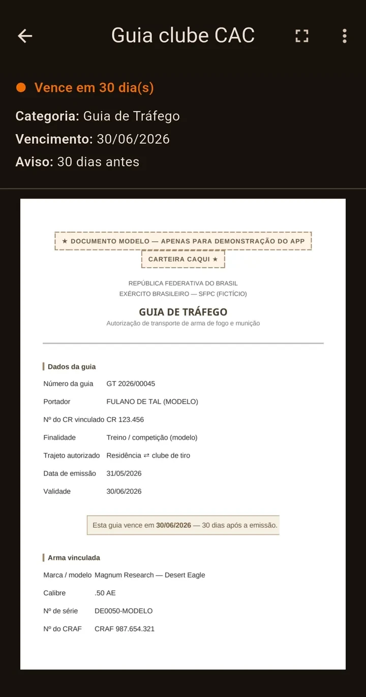Visualização de um documento na Carteira Caqui mostrando vence em 30 dias e o PDF
              aberto dentro do app